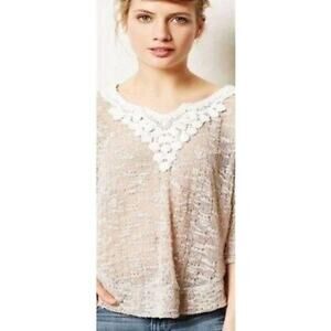 Anthropologie Meadow Rue Tan White Open Knit Lightweight Sweater Size L